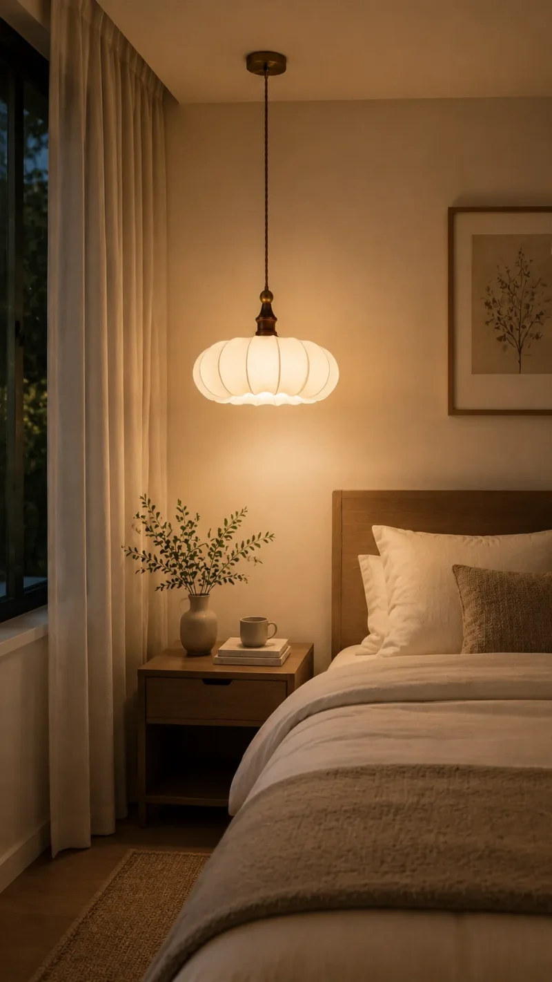 Fabric Pendant Light | Wooden Japanese Minimalist LED Ceiling Lamp - Image 4