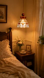Vintage Stained Glass Pendant Light | Brass Amber Glass Ceiling Lamp - Image 4