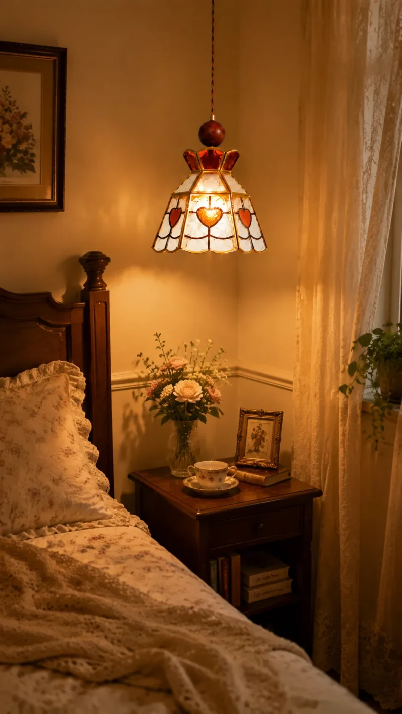 Vintage Stained Glass Pendant Light | Brass Amber Glass Ceiling Lamp - Image 4