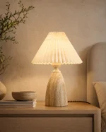 Travertine Table Lamp | Natural Stone Pleated Fabric LED Lamp - Image 3