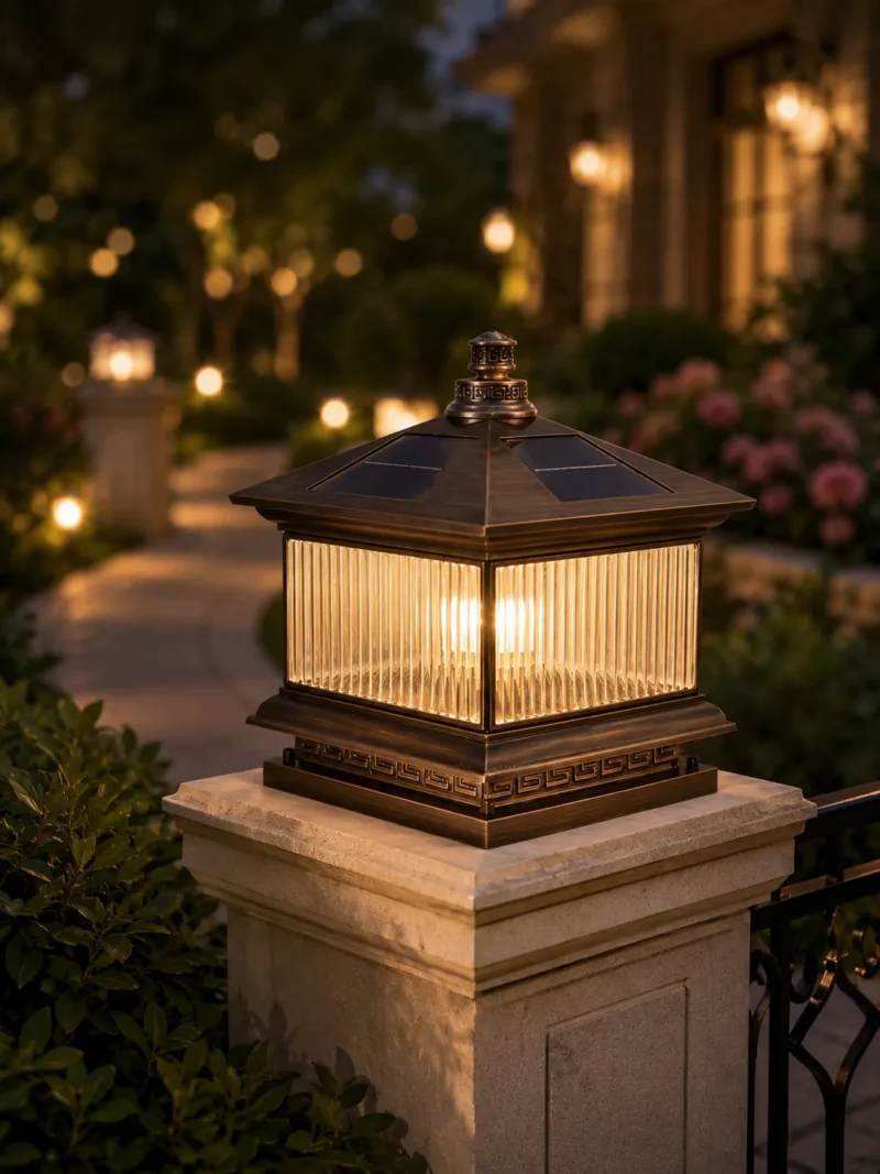 Classic Copper Solar Pillar Lantern for Villa Gates and Garden Walls - Image 3