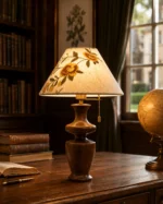 Floral Wooden Table Lamp | Embroidered Fabric Walnut LED Table Lamp - Image 2