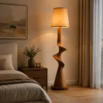 Sculptural Wood-Effect Floor Lamp with Fabric Shade - Image 3