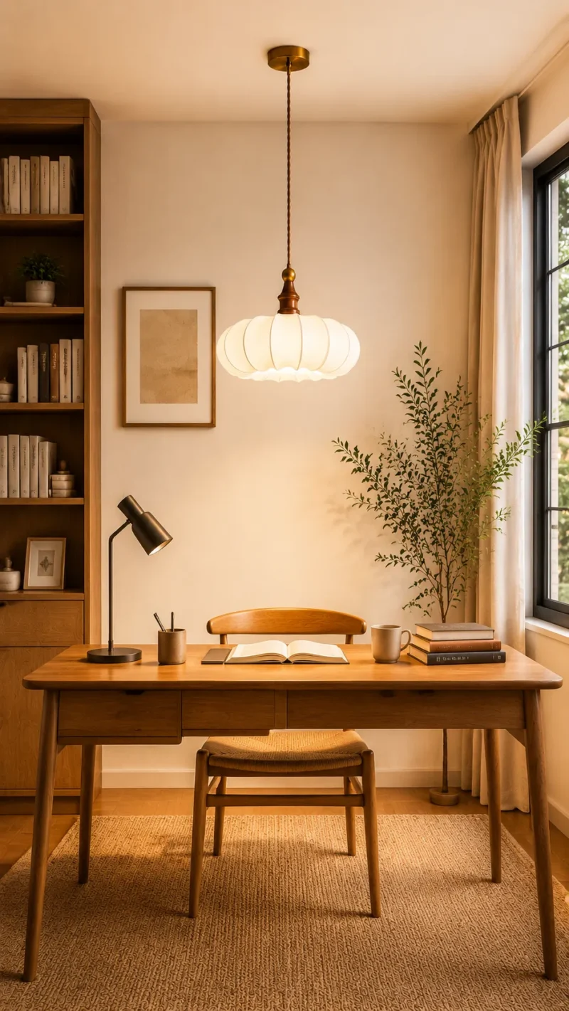 Fabric Pendant Light | Wooden Japanese Minimalist LED Ceiling Lamp - Image 3