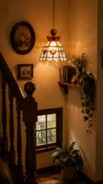 Vintage Stained Glass Pendant Light | Brass Amber Glass Ceiling Lamp - Image 3