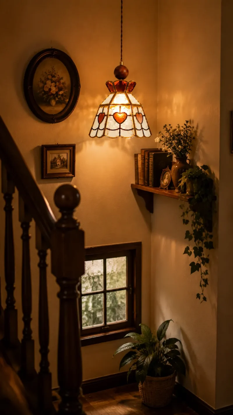 Vintage Stained Glass Pendant Light | Brass Amber Glass Ceiling Lamp - Image 3