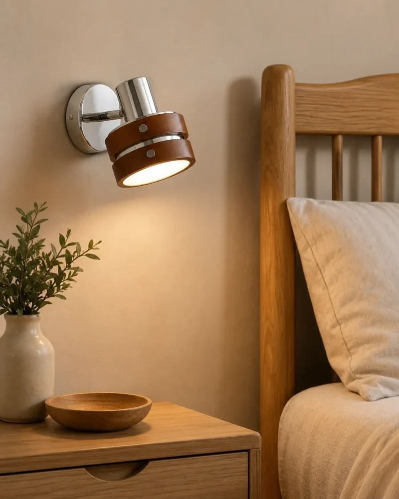 Modern Wood and Chrome Adjustable Wall Light for Bedroom Reading - Image 2