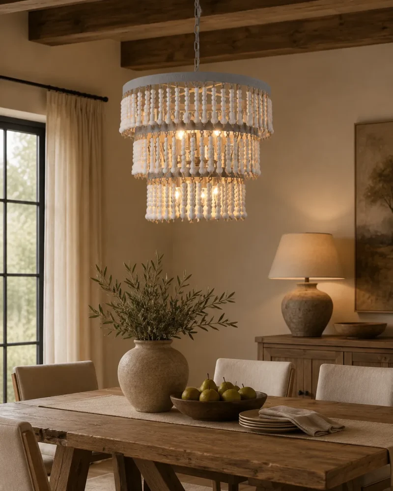 Rustic Boho Wooden Beaded Chandelier for Dining Room and Living Room - Image 2