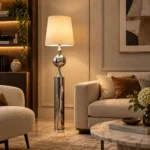 Modern Chrome Sphere Floor Lamp with Fabric Shade - Image 2