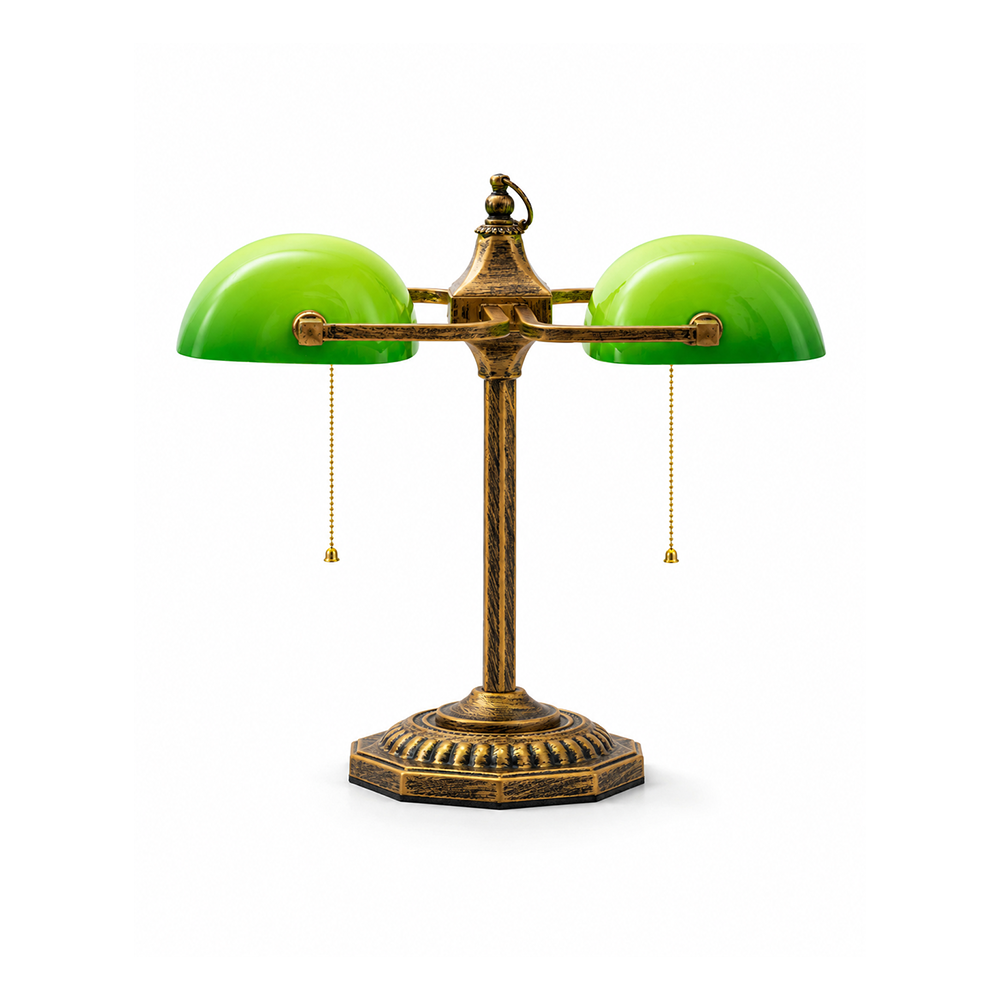 475566200.6951 Vintage Banker Table Lamp | Double Shade Brass Green Desk Lamp for Study & Bedroom - Image 1