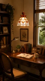 Vintage Stained Glass Pendant Light | Brass Amber Glass Ceiling Lamp - Image 2