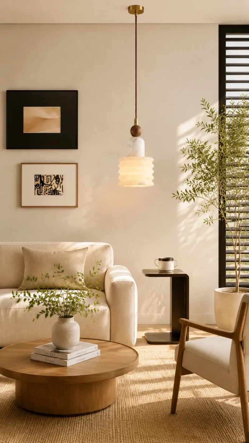 Alabaster Walnut Pendant Light | Modern Minimalist LED Lighting Fixture - Image 2