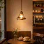 Amber Textured Glass Pendant Light | Wooden Hanging Lamp - Image 4