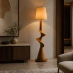Sculptural Wood-Effect Floor Lamp with Fabric Shade - Image 5