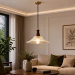 Vintage Glass Pendant Light | Wood Brass LED Fixture - Image 4