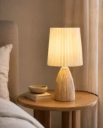 Travertine Table Lamp | Natural Stone Pleated Fabric LED Lamp - Image 4