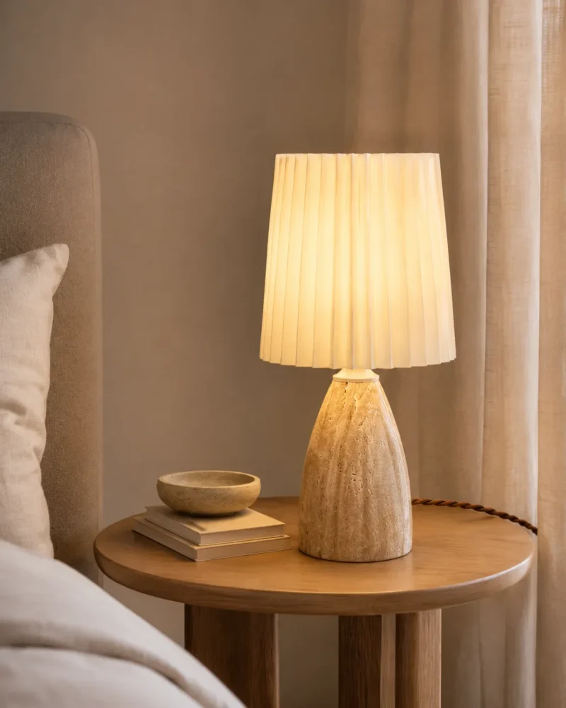 Travertine Table Lamp | Natural Stone Pleated Fabric LED Lamp - Image 4