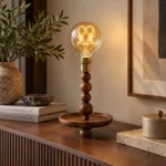 Walnut Wood Bead Table Lamp | Vintage Glass LED Bedside Lighting Fixture - Image 3
