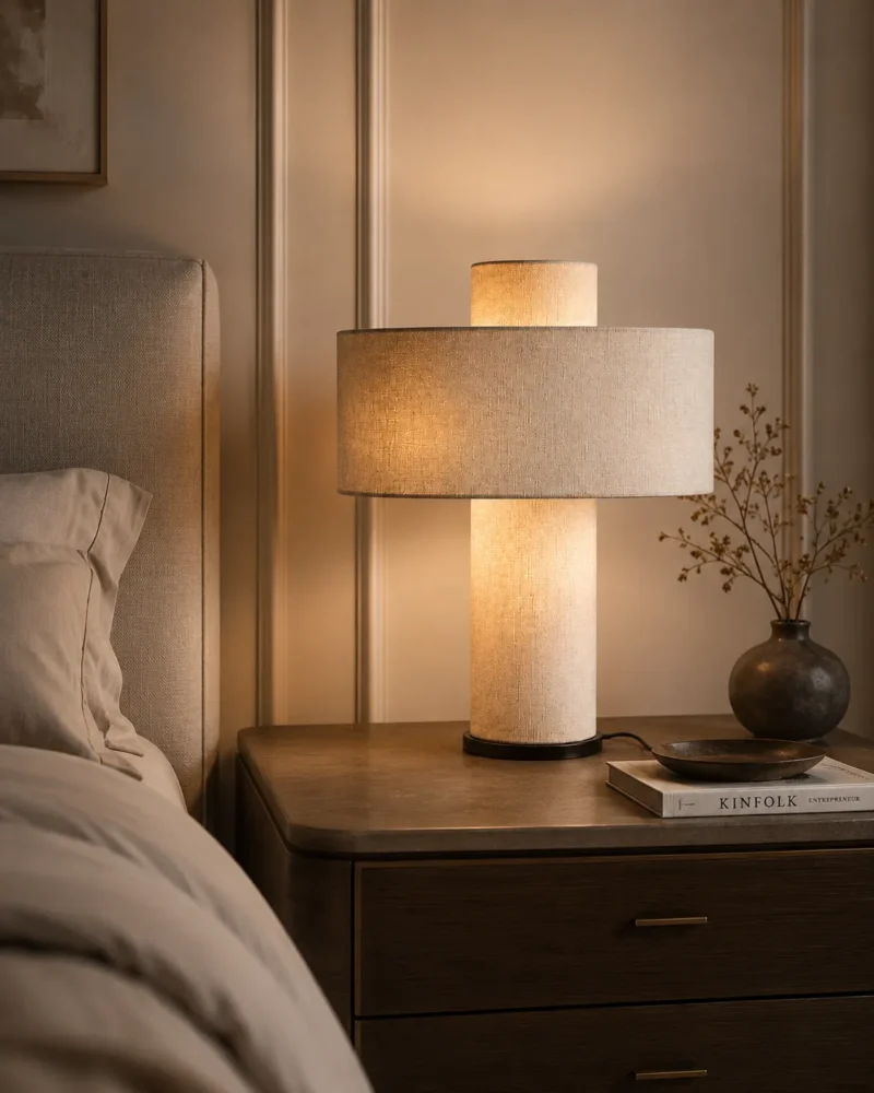 Modern Fabric Table Lamp | Beige LED Bedside Lamp for Bedroom & Living Room - Image 2