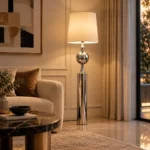 Modern Chrome Sphere Floor Lamp with Fabric Shade - Image 3