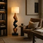 Sculptural Wood Floor Lamp with Fabric Shade - Image 4