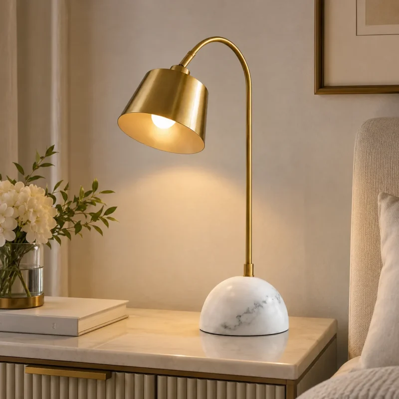 Modern Brass Arc Table Lamp | Marble Base LED Bedside Lighting Fixture - Image 2