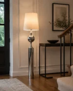 Modern Chrome Sphere Floor Lamp with Fabric Shade - Image 5