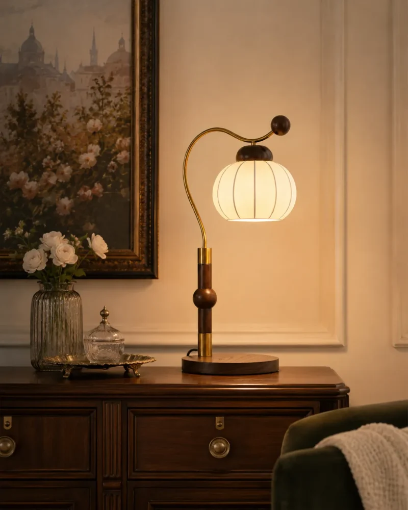 French Vintage Table Lamp | Wooden Arm Silk Shade LED Lamp - Image 3
