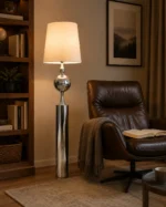 Modern Chrome Sphere Floor Lamp with Fabric Shade - Image 4