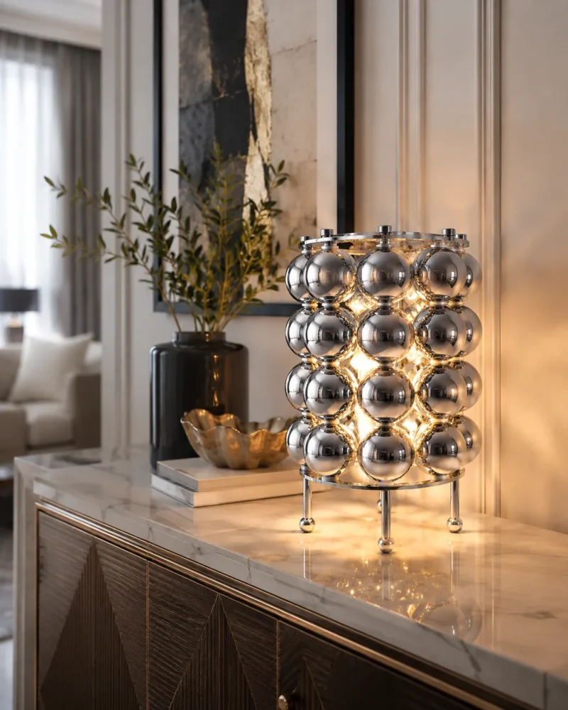 Modern Chrome Sphere Table Lamp | Silver Mirror LED Desk Lamp for Bedroom & Living Room - Image 2