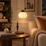 French Vintage Table Lamp | Wooden Arm Silk Shade LED Lamp - Image 4