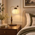 French Vintage Table Lamp | Wooden Arm Silk Shade LED Lamp - Image 5