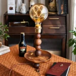 Walnut Wood Bead Table Lamp | Vintage Glass LED Bedside Lighting Fixture - Image 2