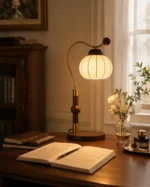 French Vintage Table Lamp | Wooden Arm Silk Shade LED Lamp - Image 4