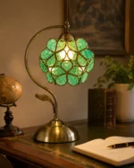 Vintage Stained Glass Table Lamp | Teal Tiffany Style LED Bedside Lamp - Image 2