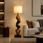 Sculptural Wood Floor Lamp with Fabric Shade - Image 5