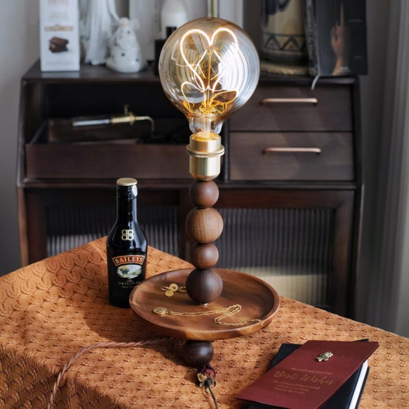 Walnut Wood Bead Table Lamp | Vintage Glass LED Bedside Lighting Fixture - Image 2