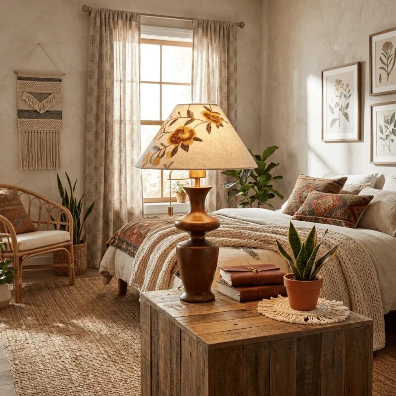 Floral Wooden Table Lamp | Embroidered Fabric Walnut LED Table Lamp - Image 5
