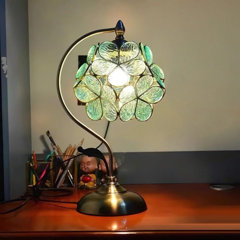 Vintage Stained Glass Table Lamp | Teal Tiffany Style LED Bedside Lamp - Image 4