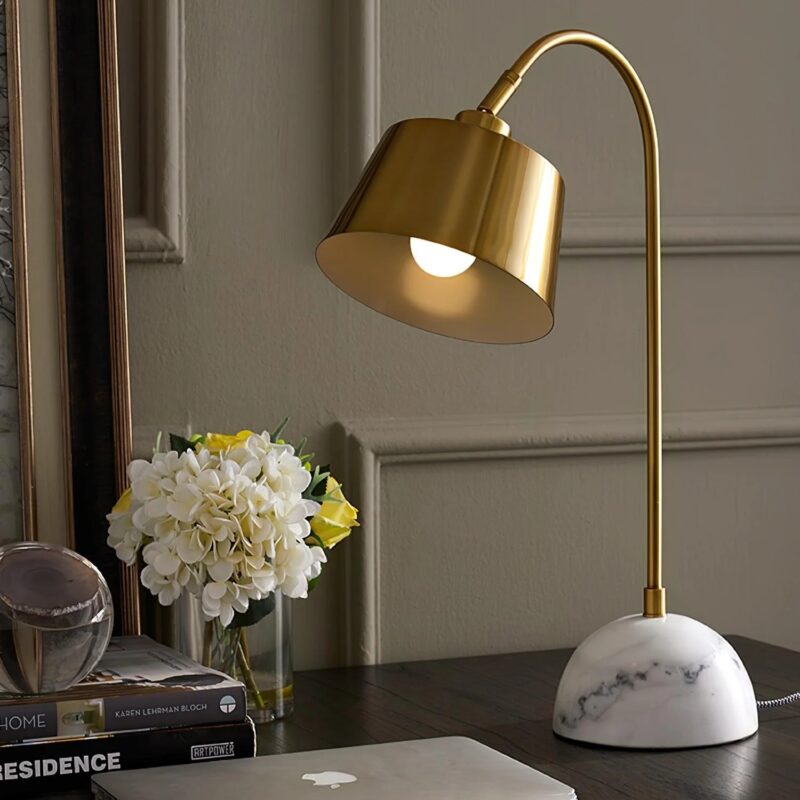 Modern Brass Arc Table Lamp | Marble Base LED Bedside Lighting Fixture - Image 5