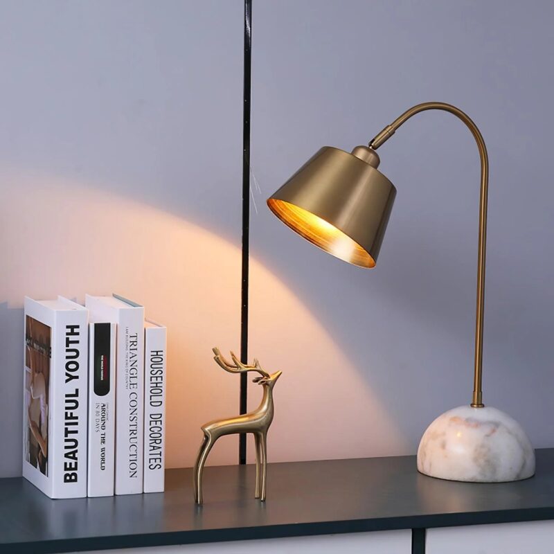 Modern Brass Arc Table Lamp | Marble Base LED Bedside Lighting Fixture - Image 4