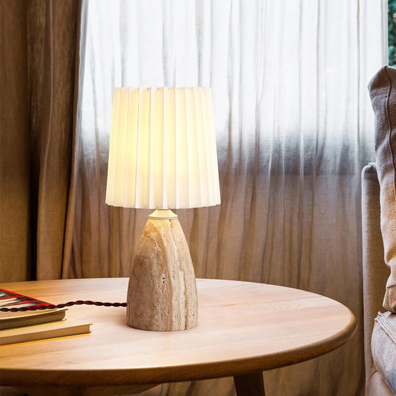 Travertine Table Lamp | Natural Stone Pleated Fabric LED Lamp - Image 5
