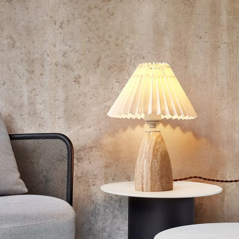 Travertine Table Lamp | Natural Stone Pleated Fabric LED Lamp - Image 6