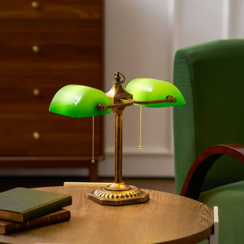 Vintage Banker Table Lamp | Double Shade Brass Green Desk Lamp for Study & Bedroom - Image 3