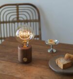 Walnut Wood Table Lamp | Amber Glow Glass LED Bedside Lighting Fixture - Image 2