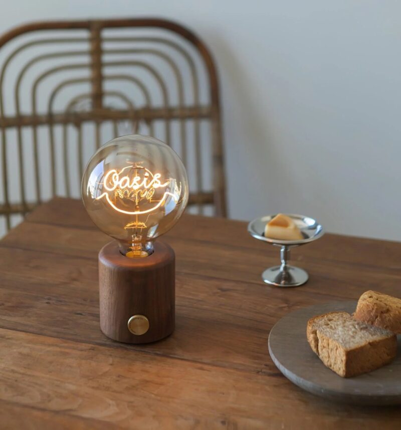 Walnut Wood Table Lamp | Amber Glow Glass LED Bedside Lighting Fixture - Image 2