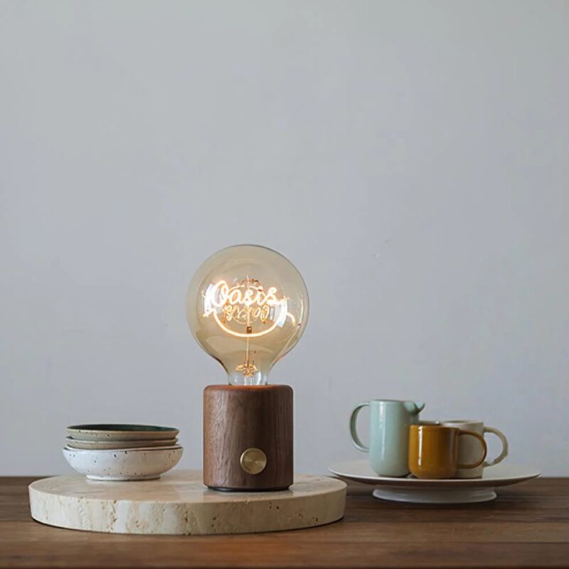 Walnut Wood Table Lamp | Amber Glow Glass LED Bedside Lighting Fixture - Image 4