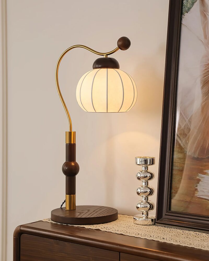 French Vintage Table Lamp | Wooden Arm Silk Shade LED Lamp - Image 2