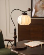French Vintage Table Lamp | Wooden Arm Silk Shade LED Lamp - Image 5