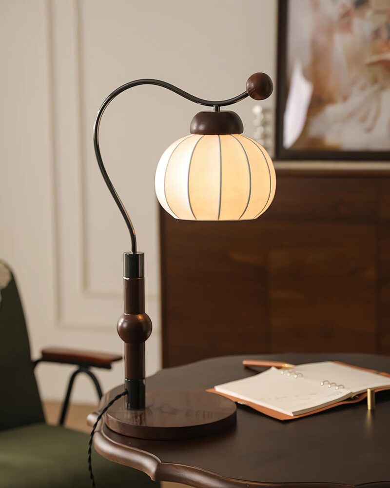 French Vintage Table Lamp | Wooden Arm Silk Shade LED Lamp - Image 5